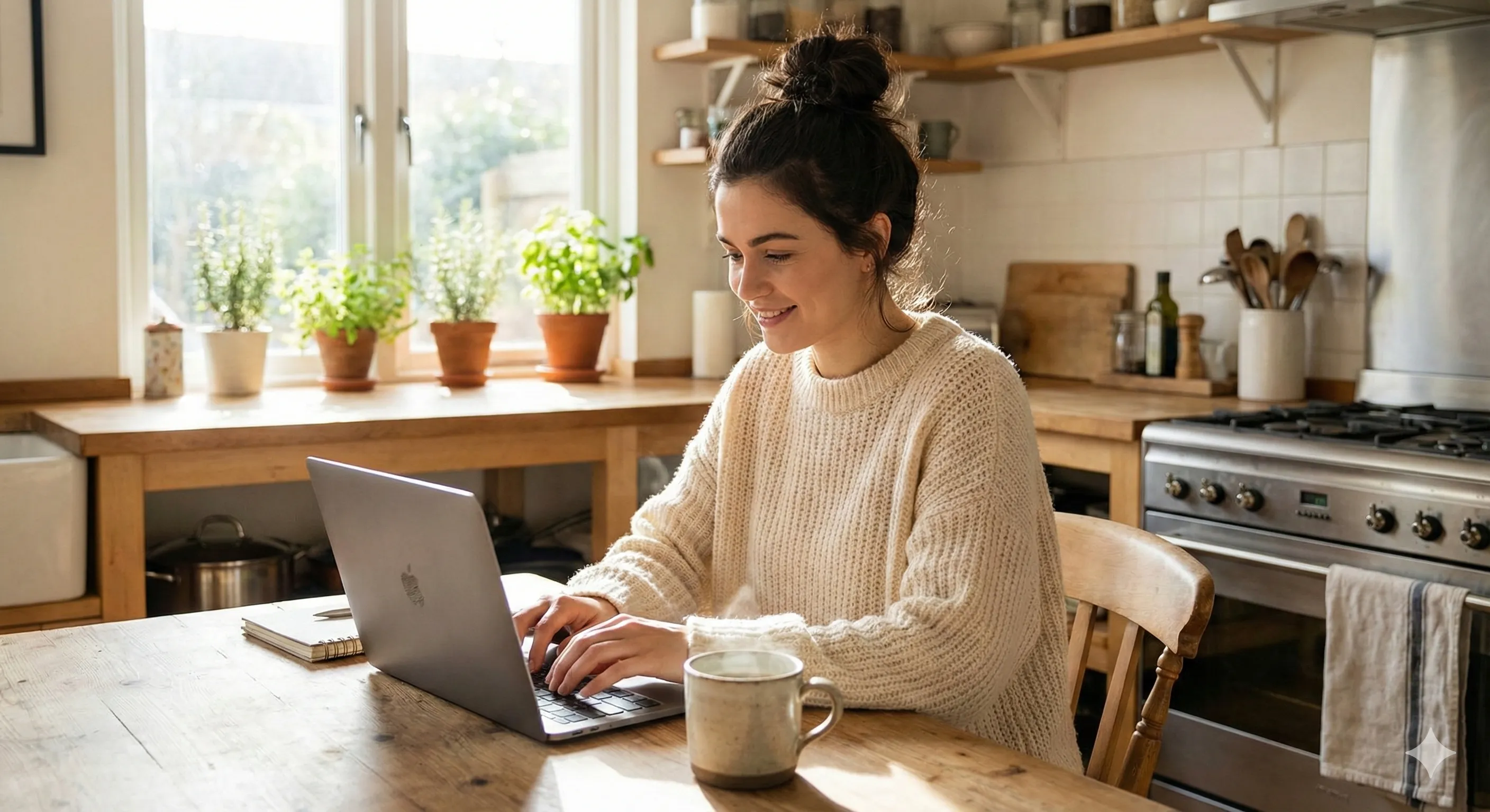 An image of a female business owner working in her kitchen.